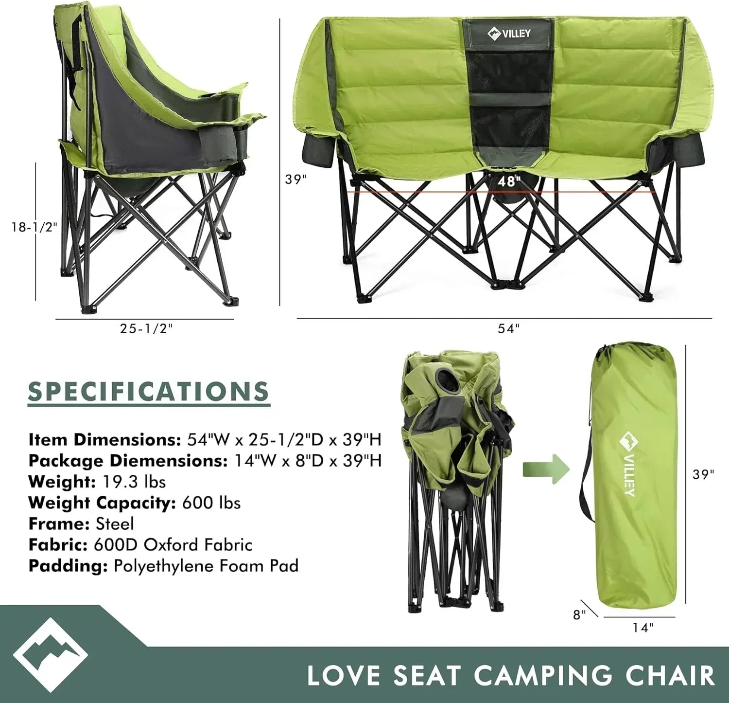 Double camping chair extra wide love seat heavy duty padded camping sofa portable folding chair wourant