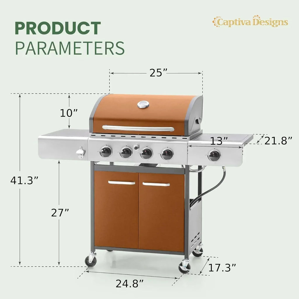 Captiva Designs 4-Burner Propane Gas BBQ Grill Side Burner Porcelain-Enameled Cast Iron Grates wourant