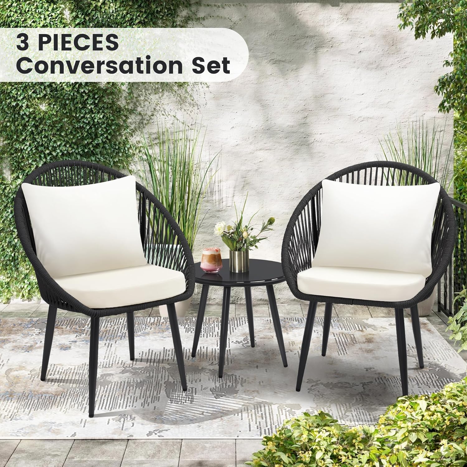 3 Piece Bistro Set Woven Rope Chair with Cushions All Weather Patio Conversation Set Side Table wourant