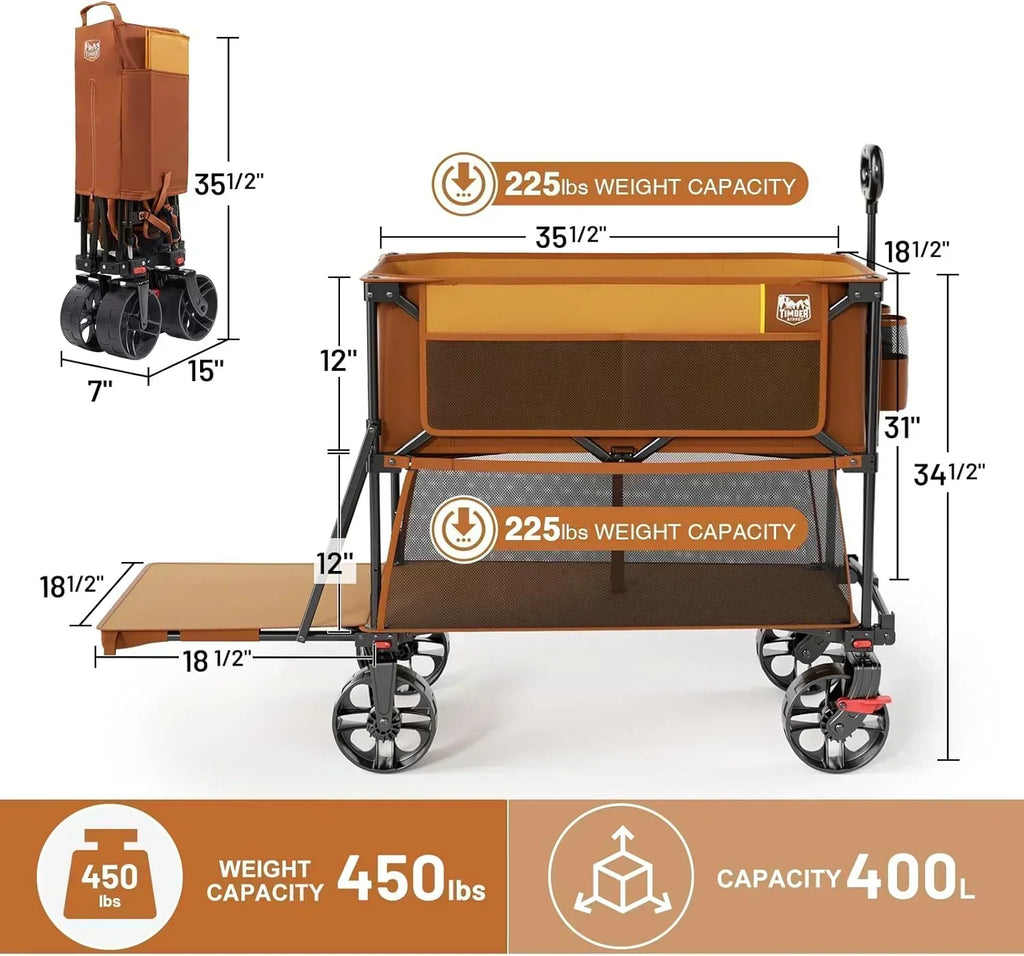 400L Large Capacity Folding Double Decker Cart with Brakes 54 Inch Extra Long Extended Cart wourant