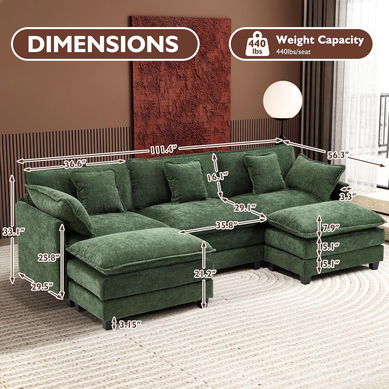 ihanherry 146-inch U-shaped modern sofa modular area cloud sofa wourant