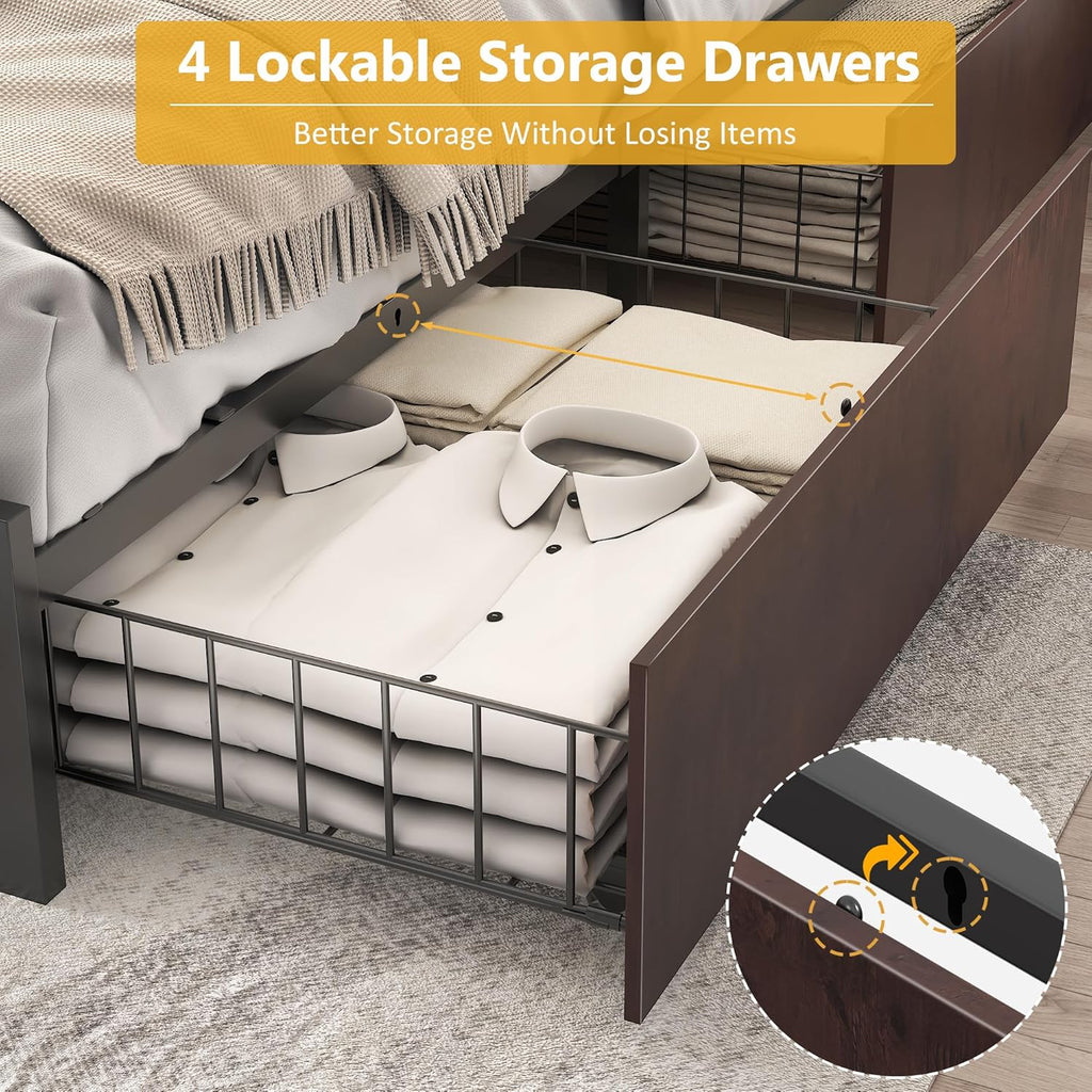 Lifezone Queen Bed Frame 2-Tier Storage Headboard Metal Platform Bed Frame 4 Storage Drawers wourant