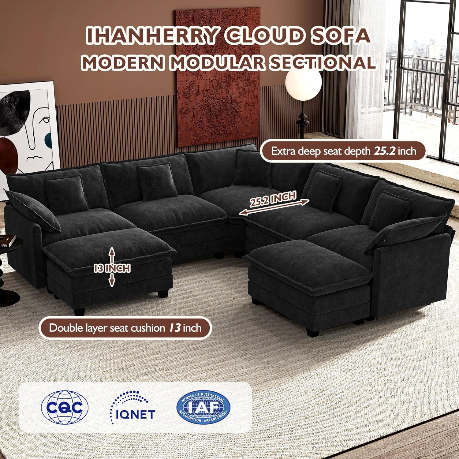 ihanherry 146-inch U-shaped modern sofa modular area cloud sofa wourant