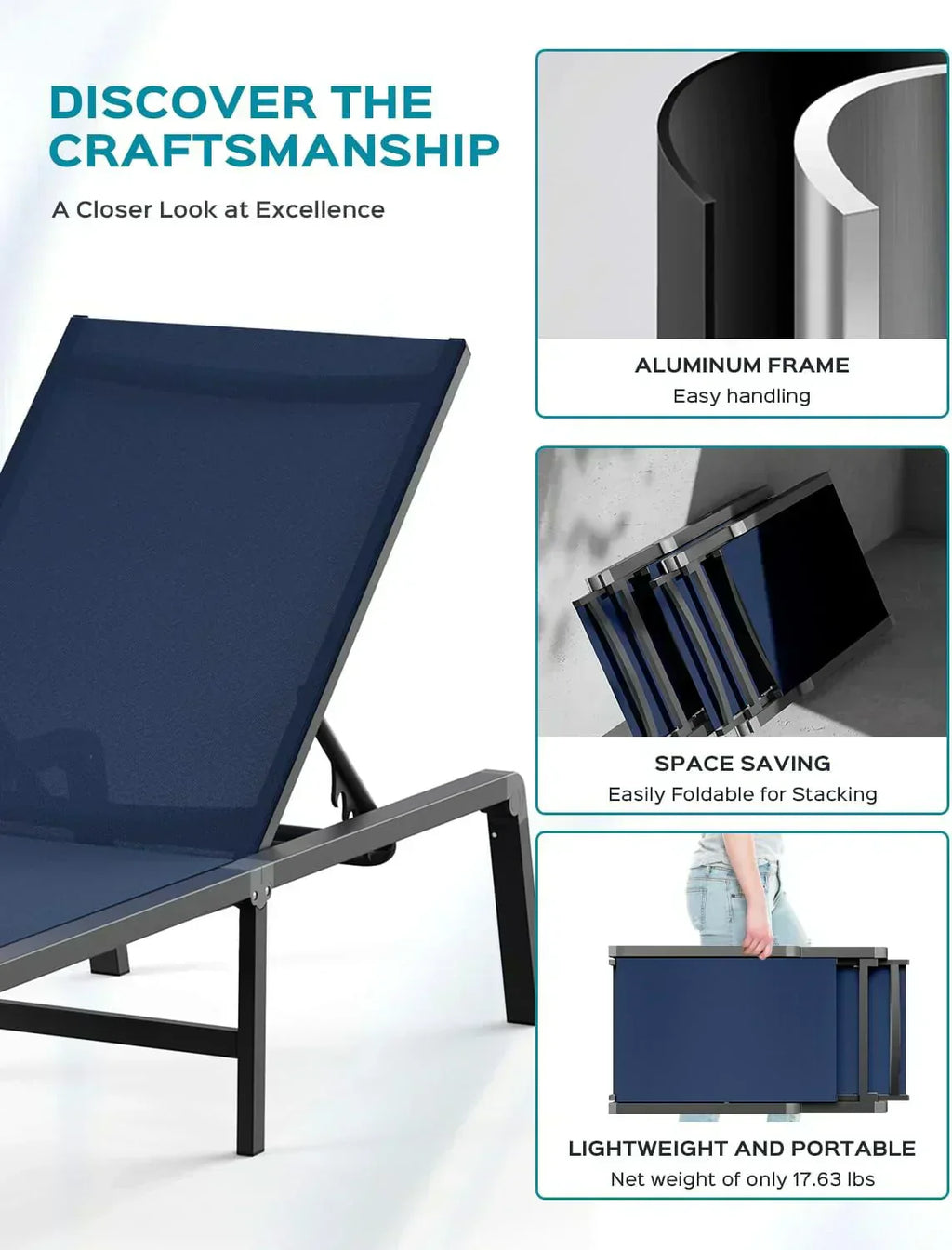 Aluminum Chaise Lounge Outdoor Foldable Assemble Free Outdoor Lounge Chair 5 Adjustable Backrest wourant