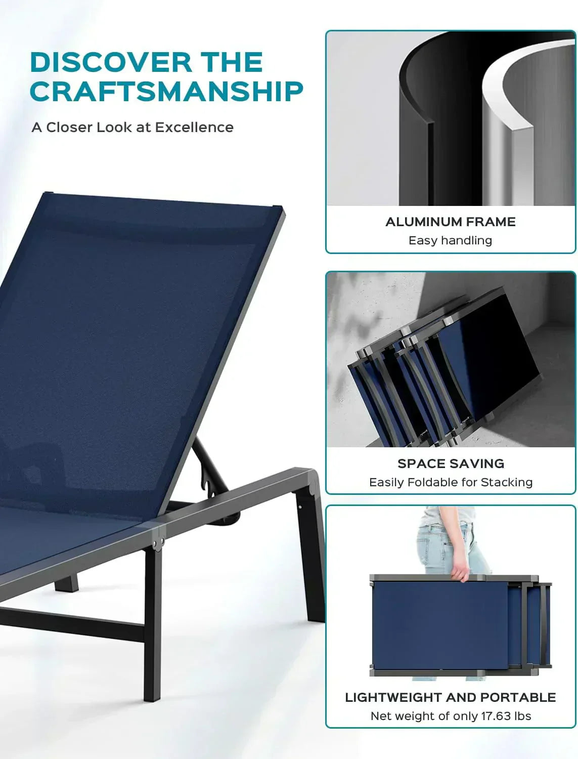 Aluminum Chaise Lounge Outdoor Foldable Assemble Free Outdoor Lounge Chair 5 Adjustable Backrest wourant