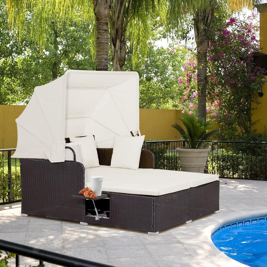 RELAX4LIFE Patio Outdoor Daybed with Canopy Wicker Sunbed Cushions 4 Pillows wourant