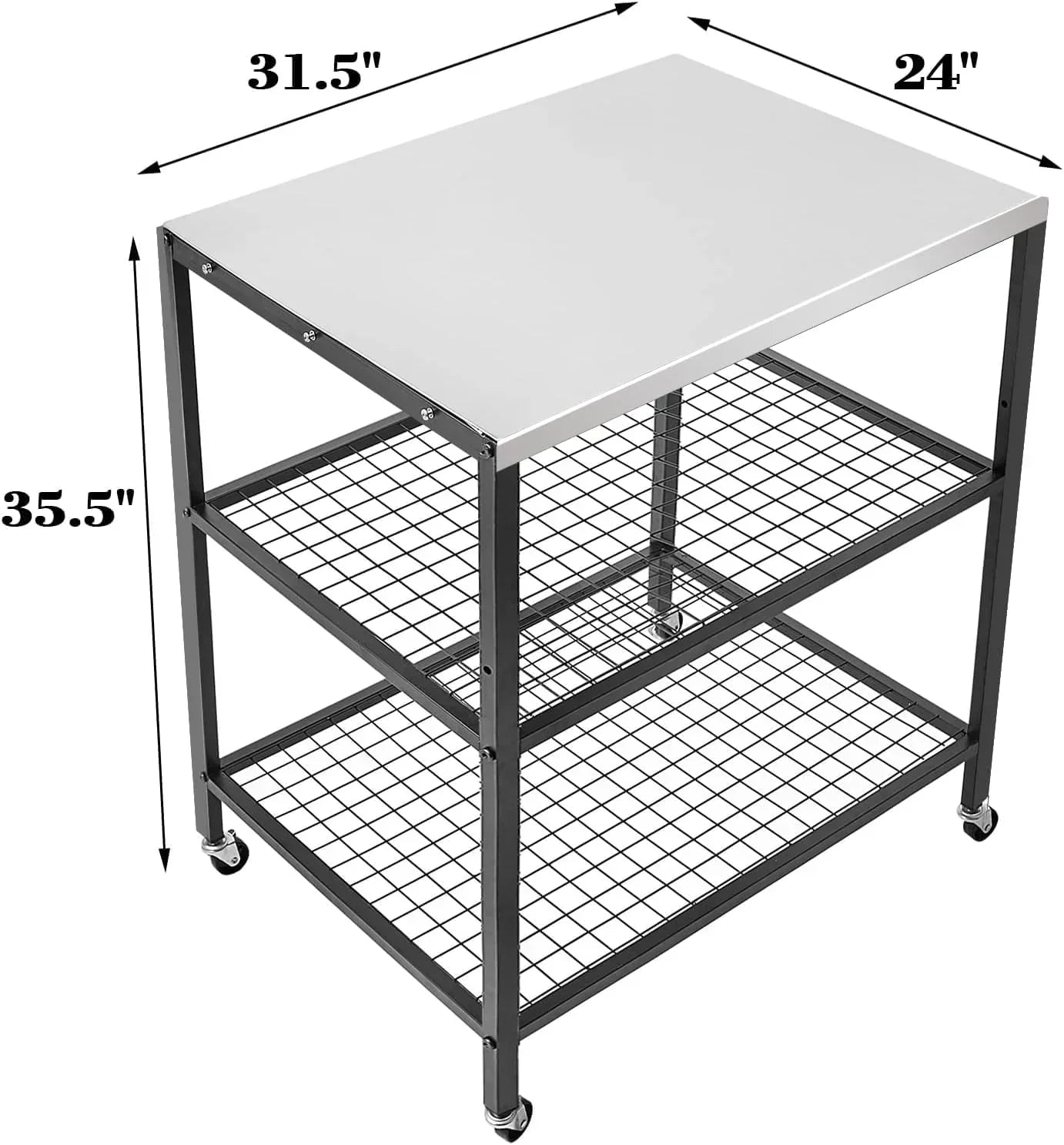 Stainless Steel Outdoor Grill Cart Pizza Oven Stand Trolley Table with Wheels Three-Shelf wourant