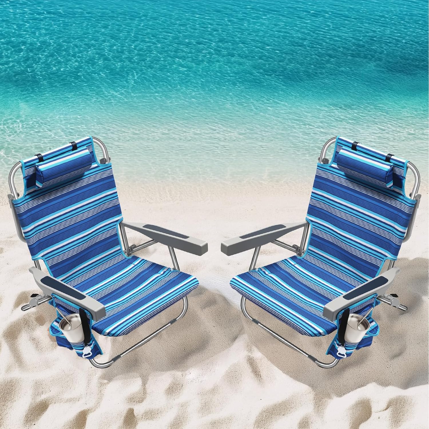 5-Position Aluminum Lay Flat Tall Backpack Beach Chairs 2 Pack Compact Portable Beach Chairs wourant