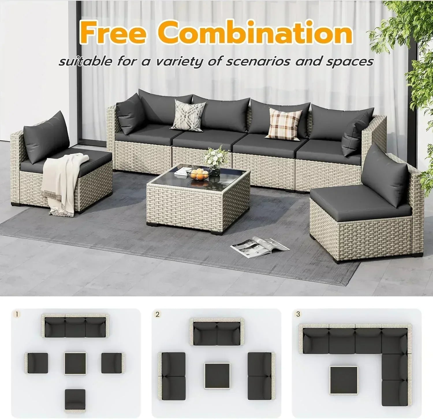 UDPATIO Outdoor Patio Furniture Set 7-Piece PE Wicker Sectional Sofa Outdoor Conversation Set wourant