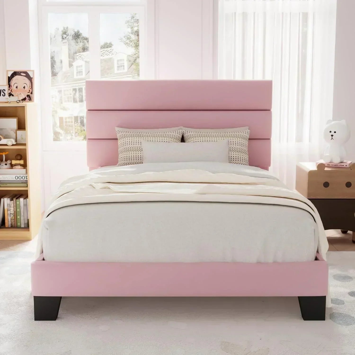Allewie Queen Size Platform Bed Frame with Fabric Upholstered Headboard Wooden Slats Support wourant