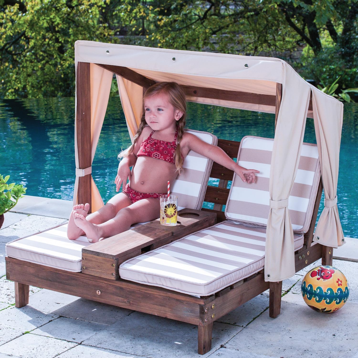 KidKraft Wooden Outdoor Double Chaise Lounge with Cup Holders Kids Patio Furniture Honey wourant