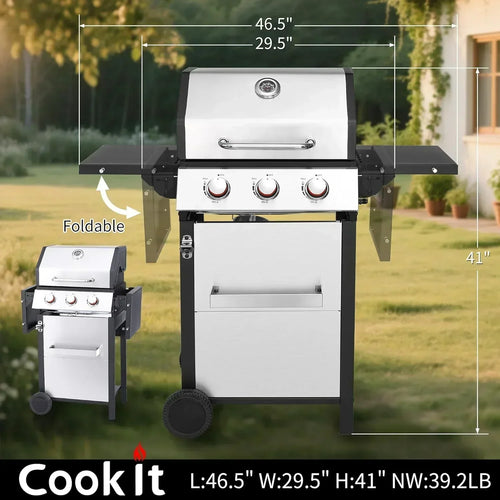 3-Burner Propane Gas Grill 30,000 BTU Output Double-layer Stainless Steel Grill Lid Cooking Grids wourant