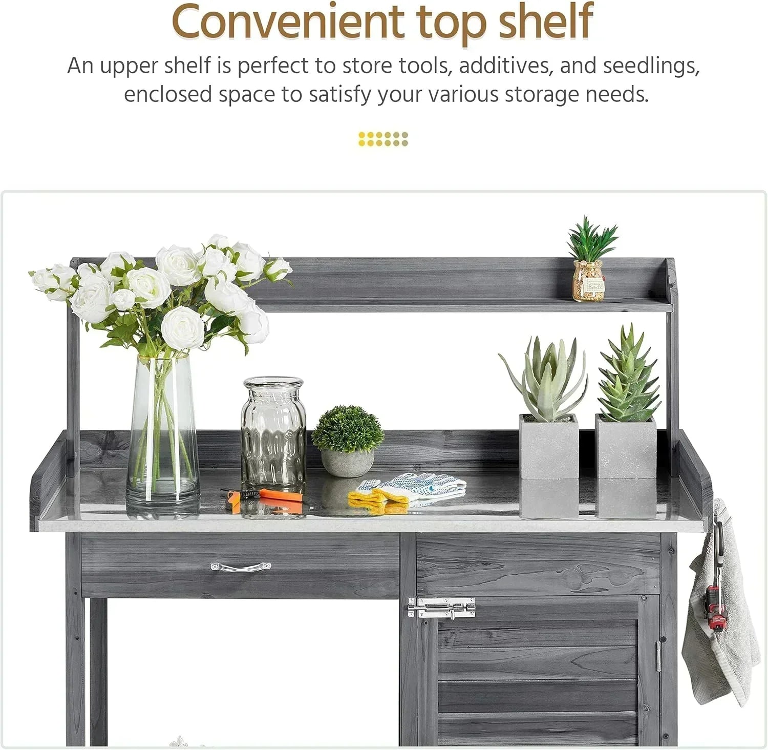 Yaheetech Outdoor Garden Potting Bench Table Work Bench Metal Tabletop Cabinet Drawer wourant