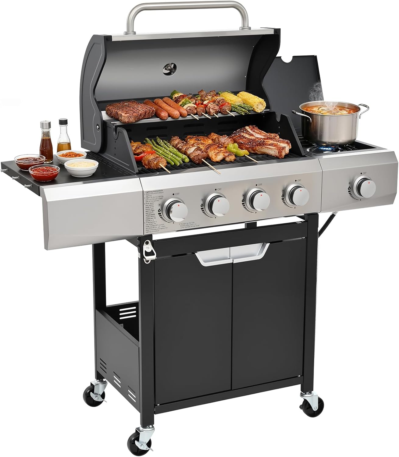 4-Burner Propane Gas Grill with Side Burner, 46,500 BTU Output Stainless Steel Grill wourant