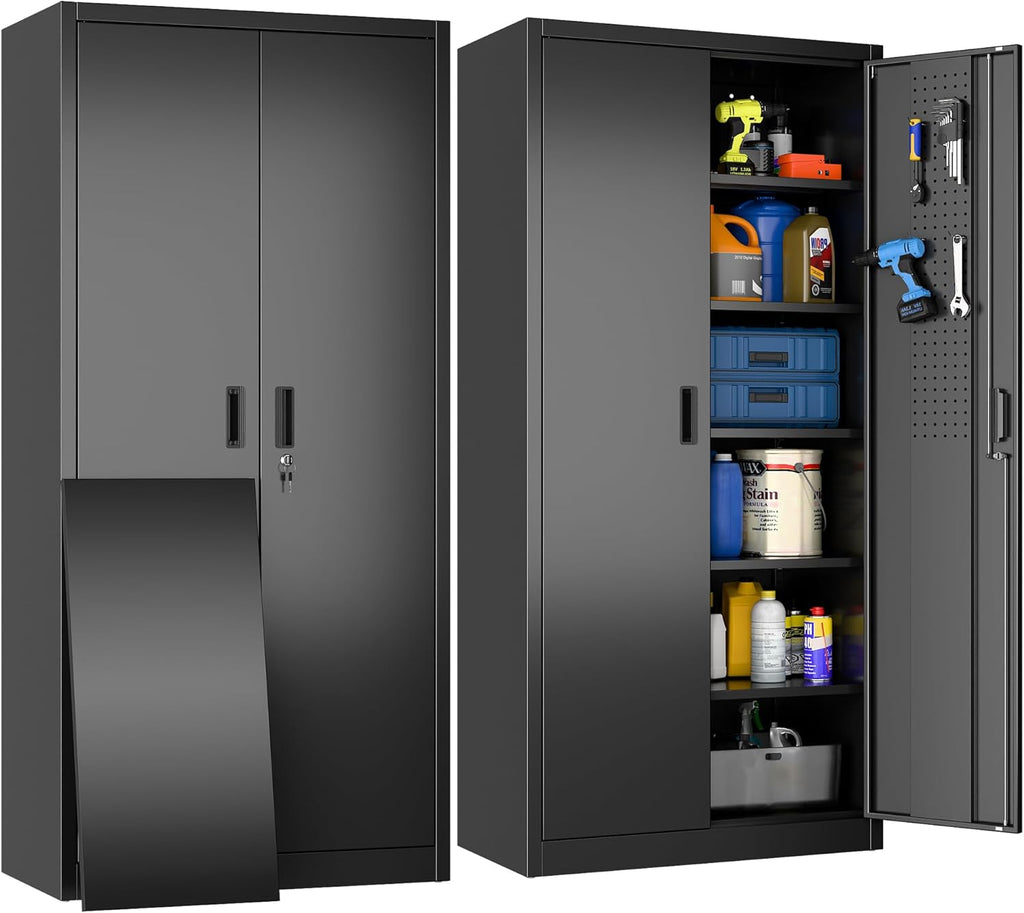 Metal Storage Cabinet with Pegboard 71'' x 34'' x 18'',Lockable Steel Storage Cabinet with 5 Adjustable Shelves and Door for Garage, Office, Kitchen, Assembly Required(Black) wourant