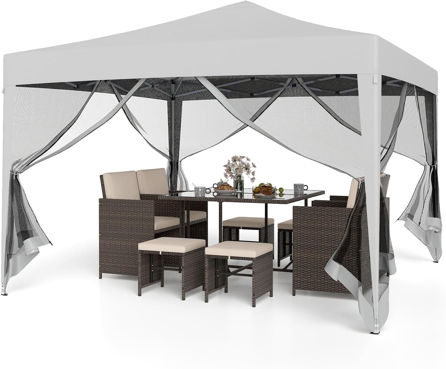Goplus 10 FT x 10 FT Pop-Up Canopy Tent, Easy Setup Instant Folding Shelter w/Mesh Netting, Carry Bag, 8 Stakes & 4 Ropes, Height Adjustable Sunshade, Commercial Tent for Camping (Coffee) woonhhop