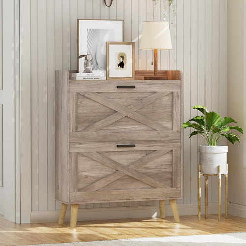 32" wide farmhouse shoe cabinet with 2 flip-top drawers and barn door design, adjustable shelves wourant