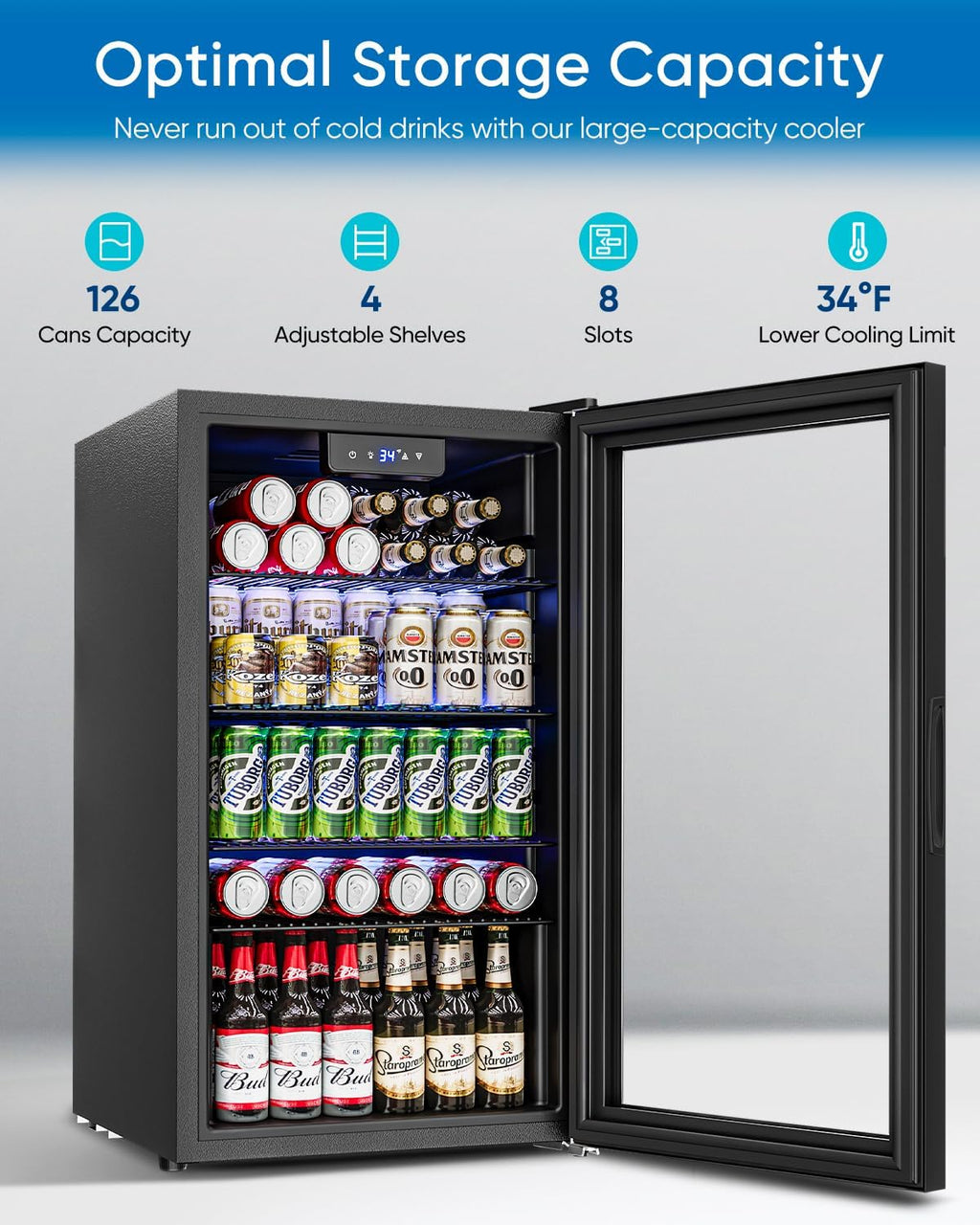 Beverage Refrigerator Cooler - 126 Can Mini Fridge Glass Door for Drinks Soda Beer Wine - Small Refrigerator for Office Bedroom Home Bar, 4 Adjustable Shelves, 3.2 Cu.Ft, Silver wourant
