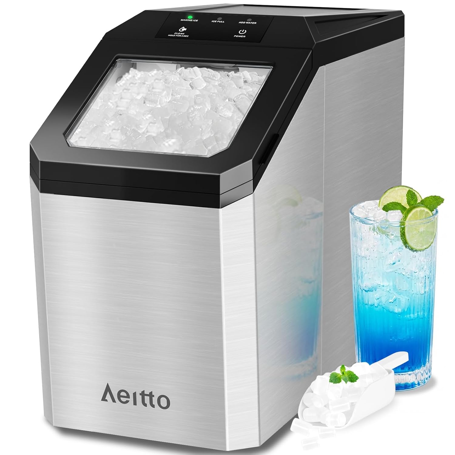 Aeitto Nugget Ice Maker Countertop, 42lbs/24H Ice Machine with 1.5L Water Tank, Rapid Ice Release in 6 Mins, Self-Cleaning Pebble Ice Maker with Basket and Scoop for Home Office RV and Party, Silver woonhhop