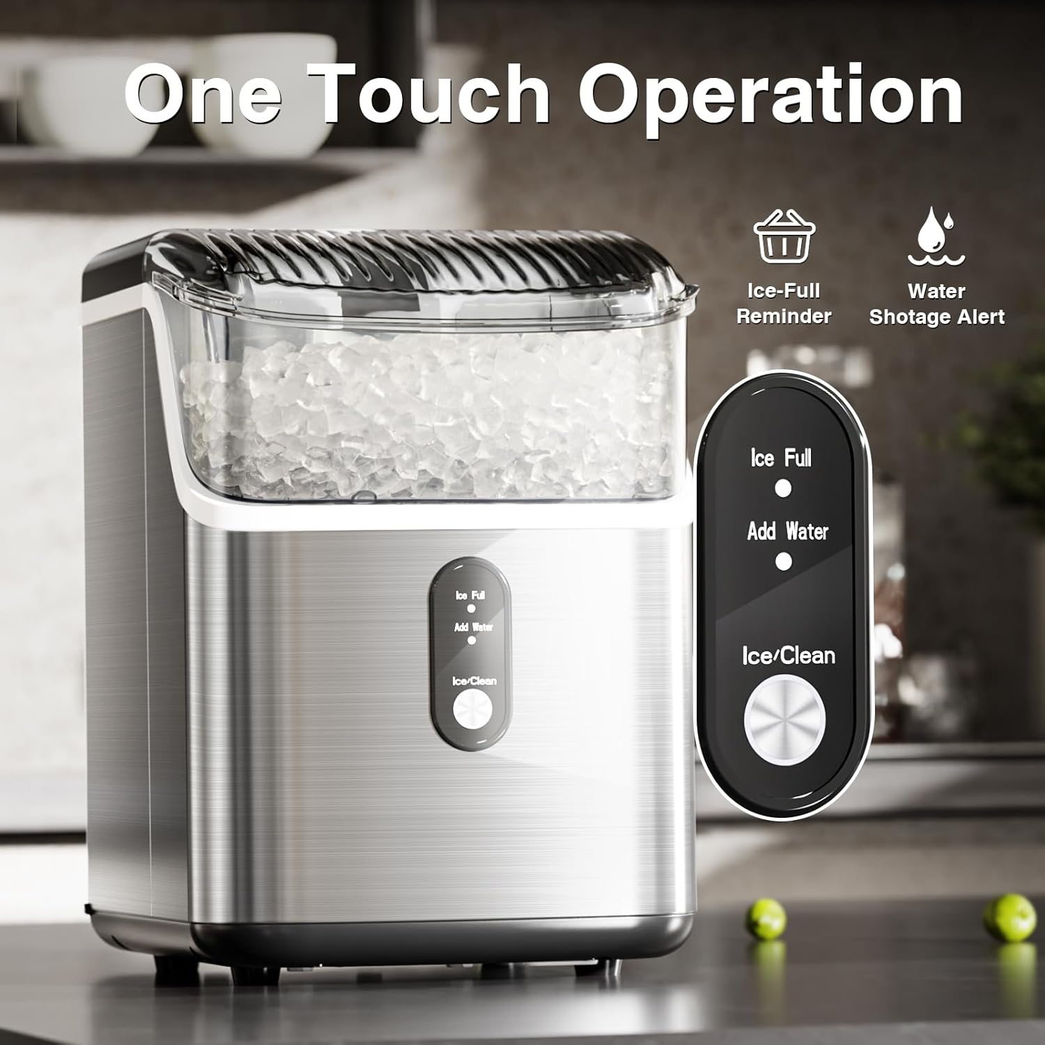 Nugget Ice Makers Countertop, Pebble Ice Machine with Chewable Pellet Ice, 34Lbs/24H, Self-Cleaning, Sonic Ice, One-Click Operation, for Kitchen,Office Stainless Steel Silver wourant