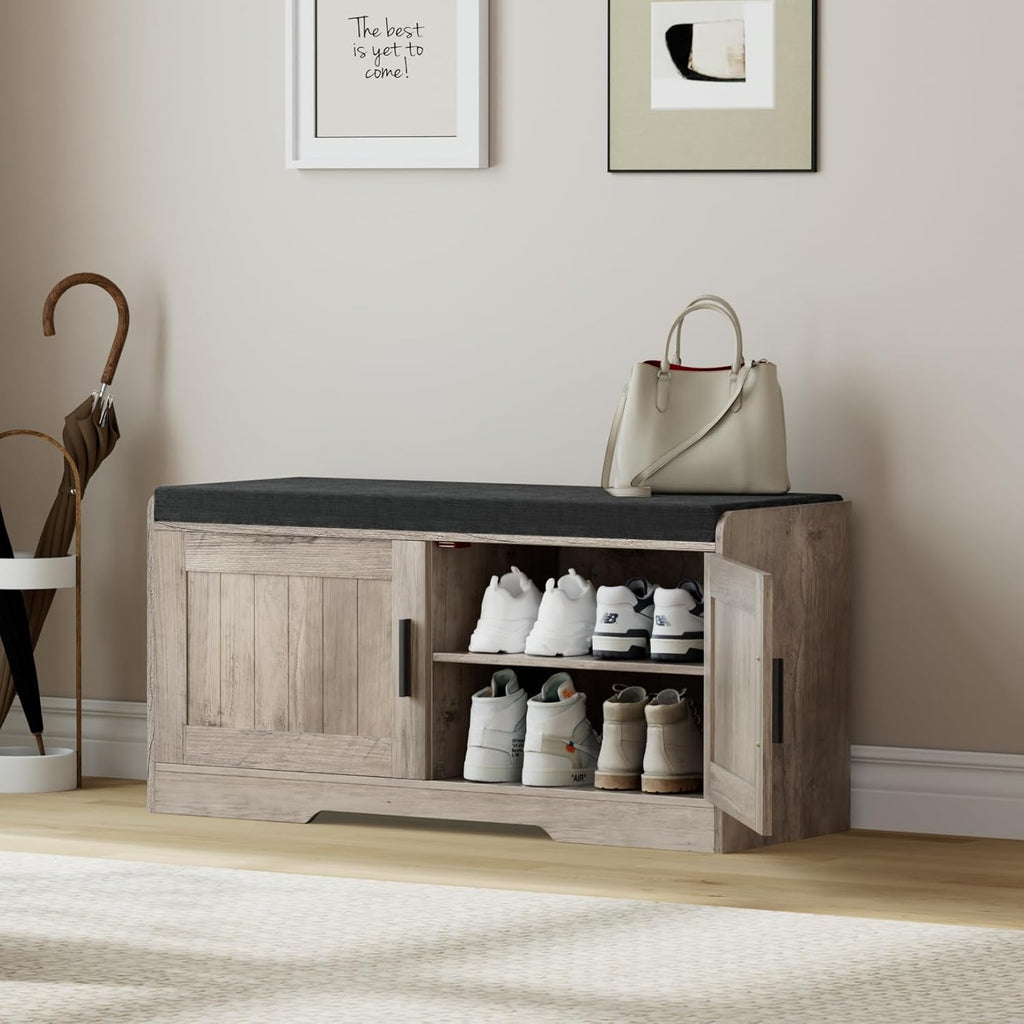 2-Tier Storage Bench, Shoe Bench with Thickened Padded Seat Cushion, Entryway Bench with 4 Doors, Adjustable Shelf wourant