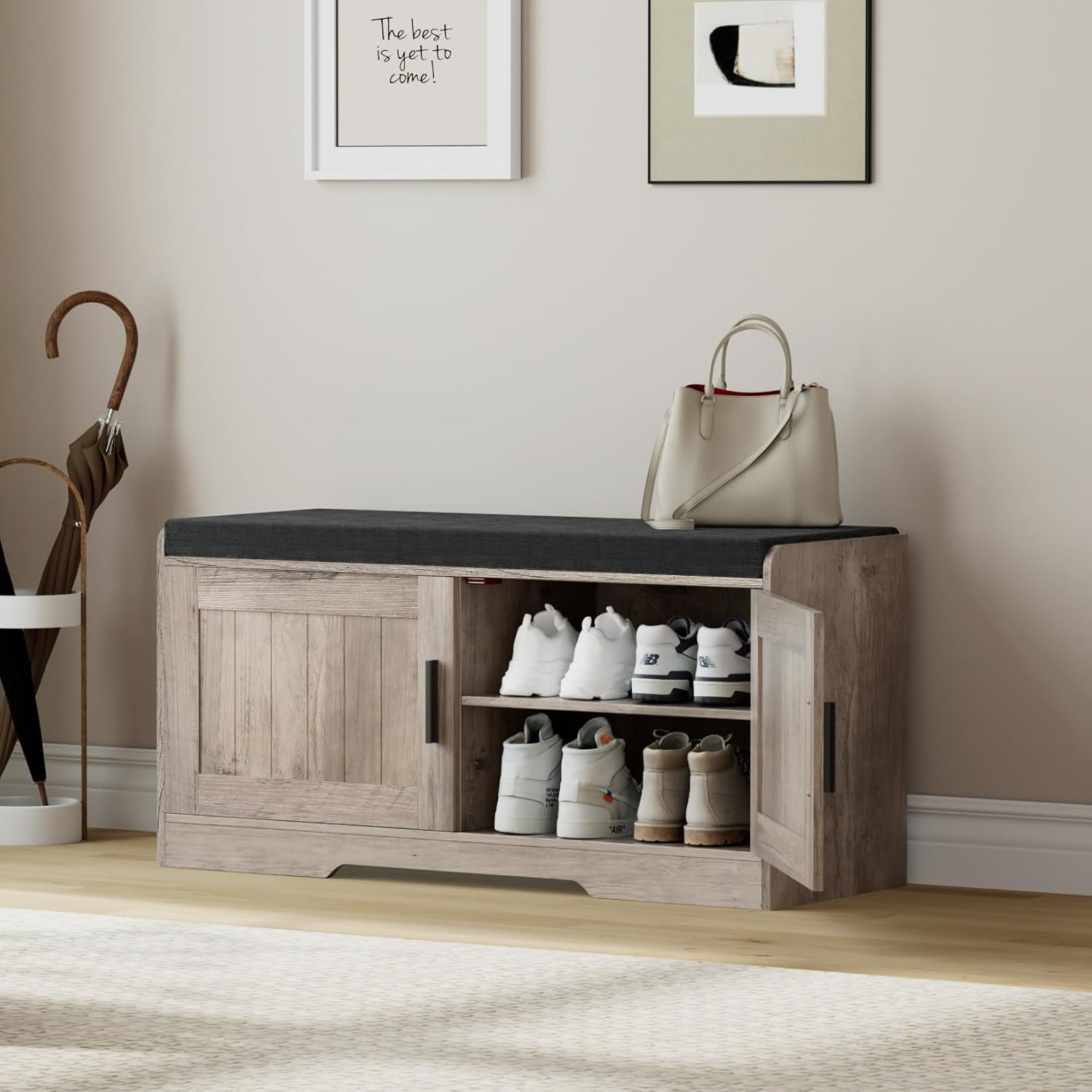 2-Tier Storage Bench, Shoe Bench with Thickened Padded Seat Cushion, Entryway Bench with 4 Doors, Adjustable Shelf wourant