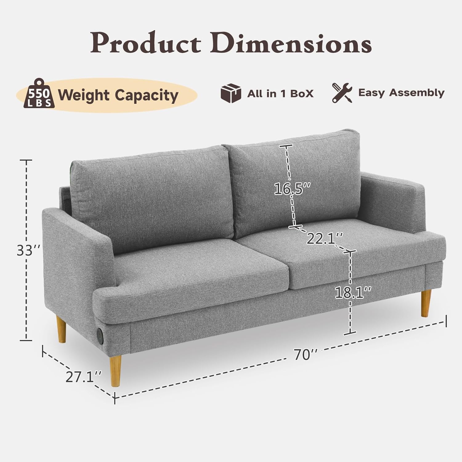 Loveseat Sofa Couch for Living Room USB Type C Ports Dark Gray Upholstered Small Couches wourant