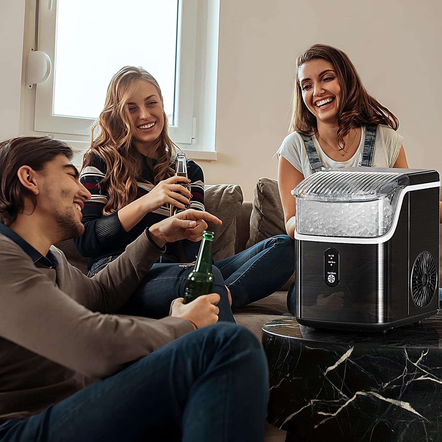 Nugget Ice Makers Countertop, Pebble Ice Machine with Chewable Pellet Ice, 34Lbs/24H, Self-Cleaning, Sonic Ice, One-Click Operation, for Kitchen,Office Stainless Steel Silver wourant