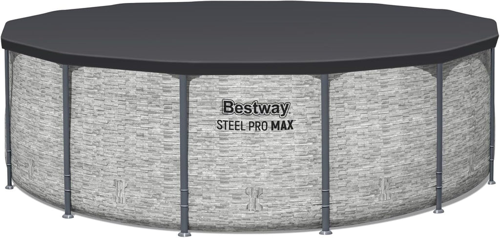 Steel Pro MAX 14 Foot x 48 Inch Round Metal Frame Above Ground Outdoor Swimming Pool Set with 1,000 Filter Pump, Ladder, and Cover, Gray wourant