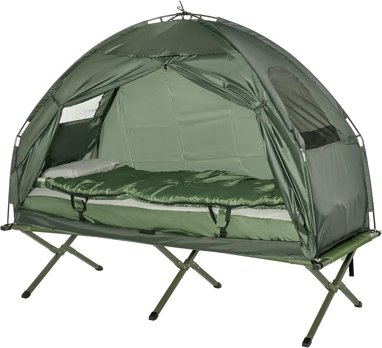 Outsunny Camping Tent Cot, 4-in-1 Folding Tent Cot Combo with Mattress, Pillow, Sleeping Bag, Roller Carrying Bag, Off Ground Travel Camp Cot for Hiking, Backpacking, Picnic wourant