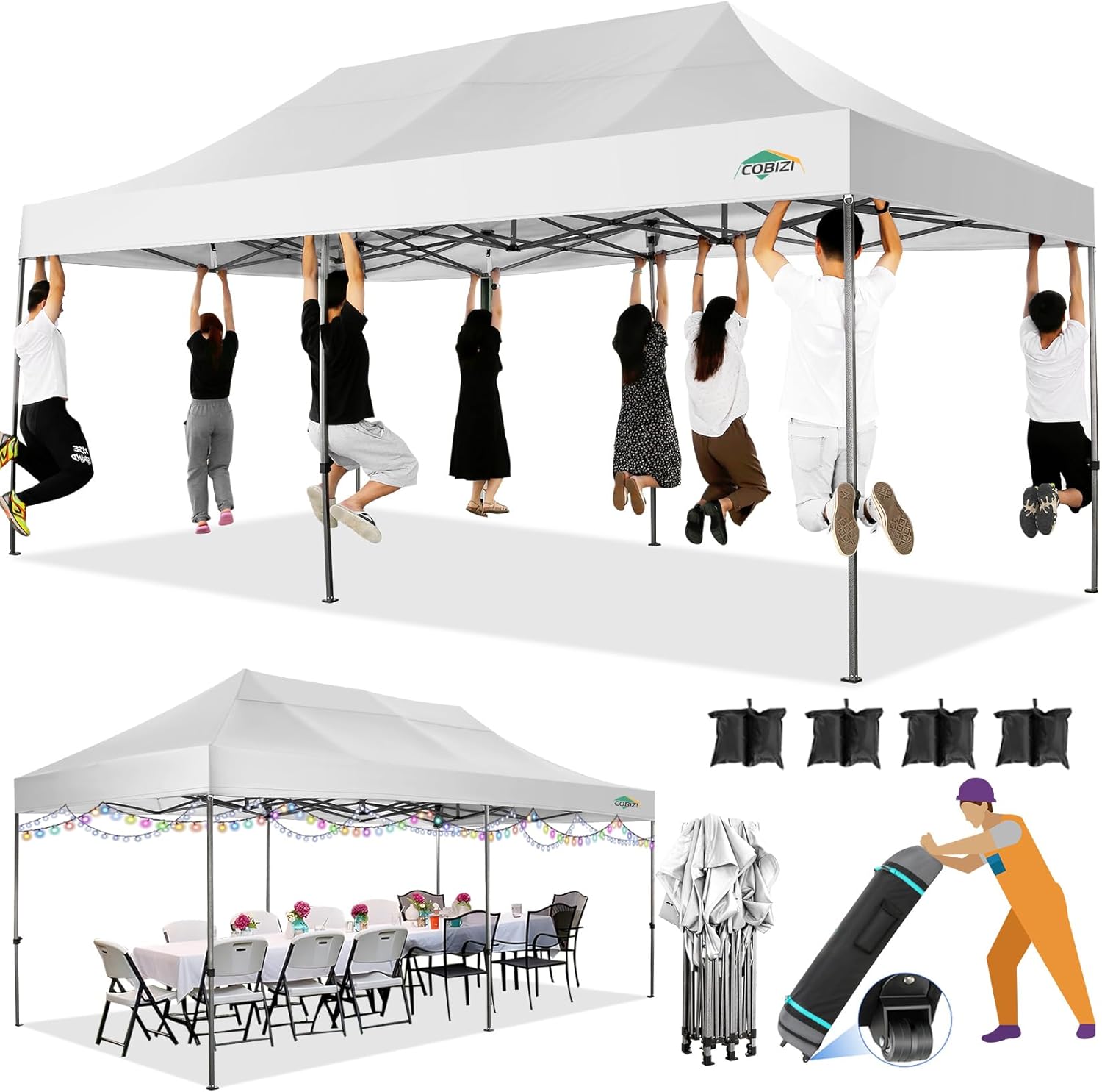 COBIZI 10x20 Heavy Duty Pop up Canopy Tent with 6 sidewalls Easy Up Commercial Outdoor Canopy Wedding Party Tents for Parties All Season Wind & Waterproof Gazebo with Roller Bag,Black(Frame Thickened) wourant