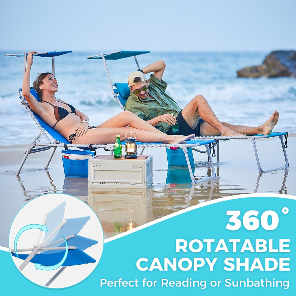 2 Pack Outdoor Chaise Lounge Chair - Portable Folding Patio Pool Lounge Chair, 5 Positions Adjustable Reclining Camping Chair with Side Table,Shoulder Strap, Pillow for Beach Sunbathing Lawn wourant