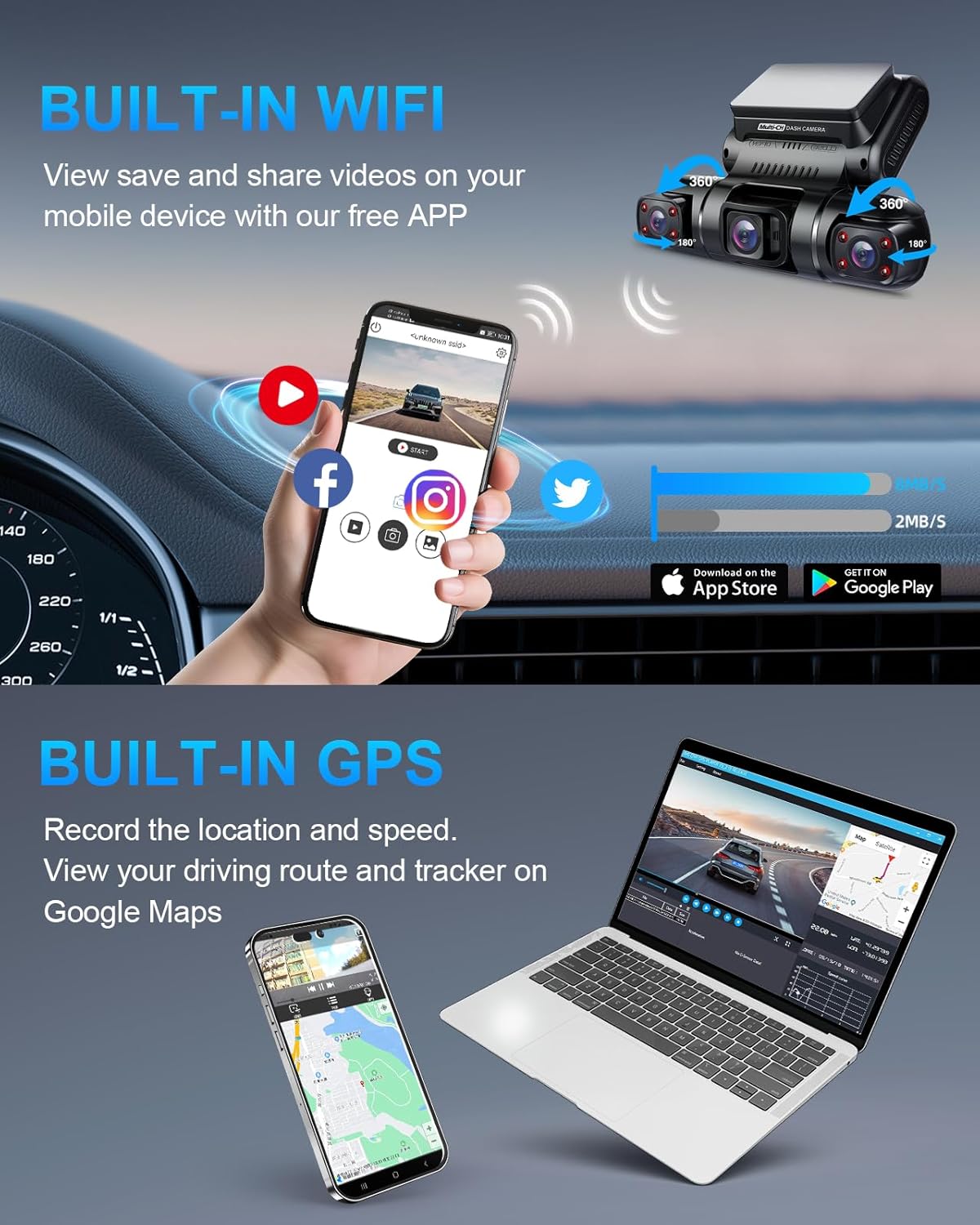 PRUVEEO 360-degree view car dash cam, built-in GPS WiFi night vision, 24/7 all-weather recording parking mode monitor, free 128G card wourant