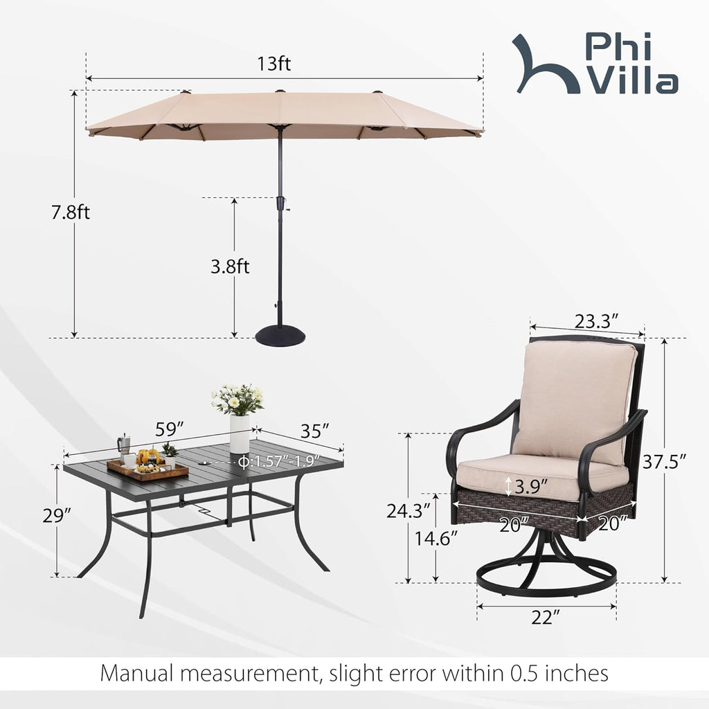 PHI VILLA 6-Piece Outdoor Dining Sets, All-Weather Patio Table and Chairs Set with Umbrella for 4, Heavy Duty Patio Round Table Set for Deck, 4 Extra Large Outdoor Swivel Chairs with Thick Cushions wourant