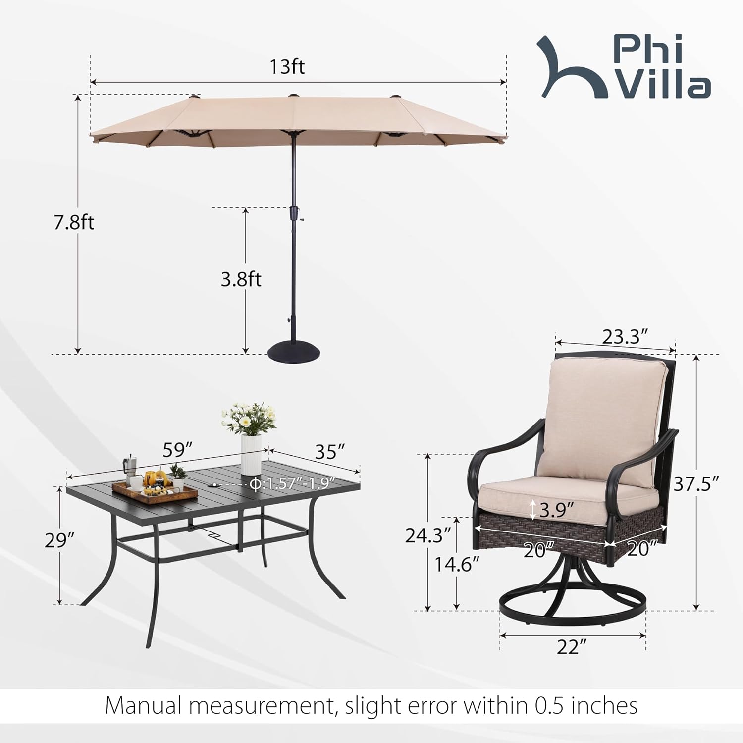 PHI VILLA 6-Piece Outdoor Dining Sets, All-Weather Patio Table and Chairs Set with Umbrella for 4, Heavy Duty Patio Round Table Set for Deck, 4 Extra Large Outdoor Swivel Chairs with Thick Cushions wourant