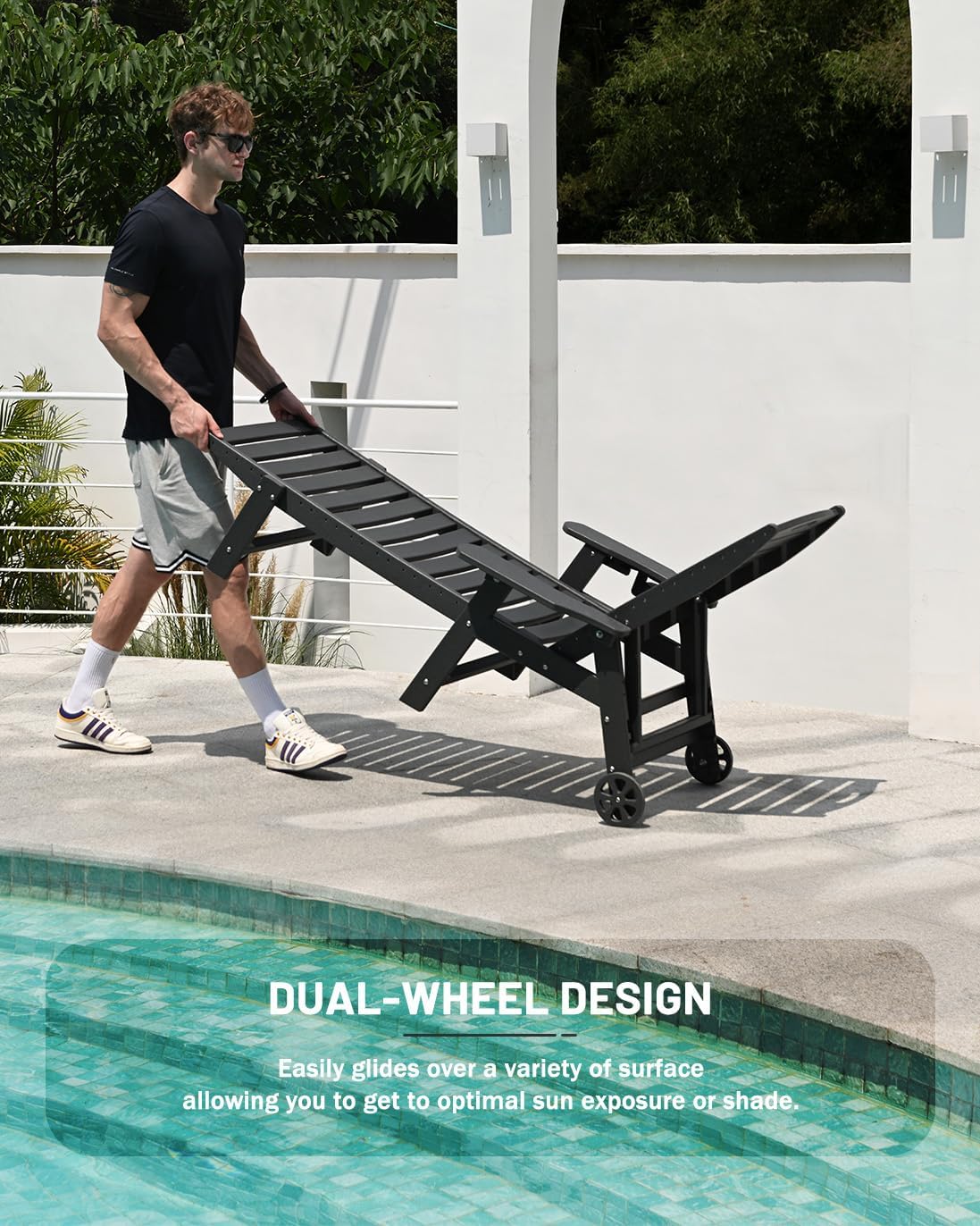 Lounge Chair Outdoor, Chaise Lounge, HDPE 6-Position Outdoor Chaise Lounge, Patio Lounge Chair with Wheels & Cup Holder for Pool Poolside Deck Backyard, Teak wourant