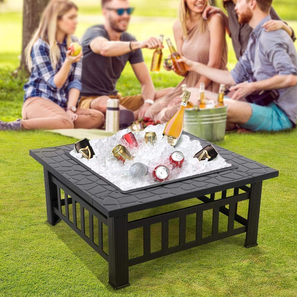 Yaheetech Multifunctional Fire Pit Table 32in Square Metal Firepit Stove Backyard Patio Garden Fireplace for Camping, Outdoor Heating, Bonfire and Picnic wourant