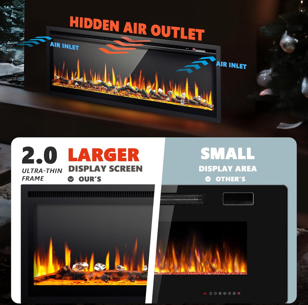 EUHOMY 50 Inch Electric Fireplace Wall Recessed and Wall Mounted with Adjustable Flame Color, Fireplace Heater with Remote Control, Linear Fireplace with Timer, Touch Screen, Log & Crystal, 750/1500W wourant
