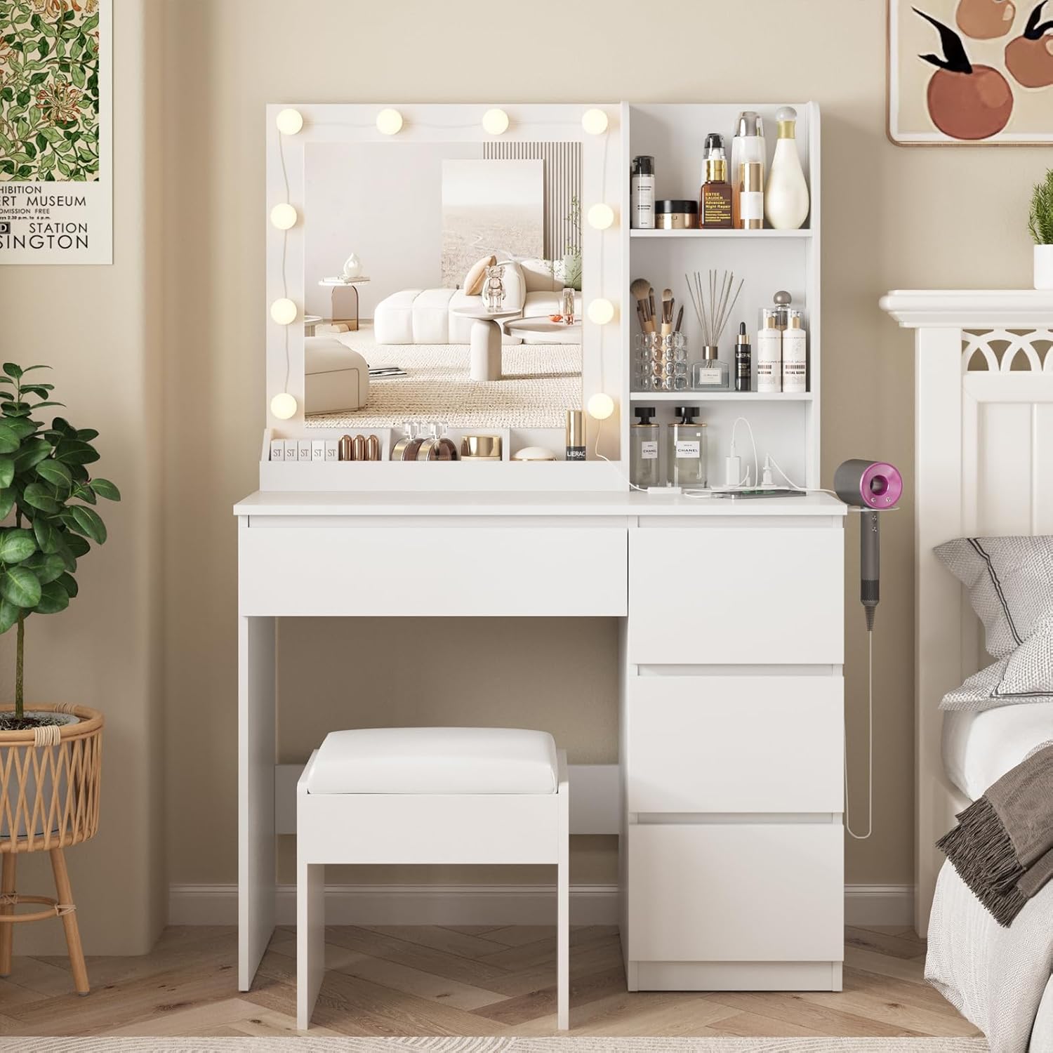 Vabches Vanity, Makeup Vanity Desk Set with Mirror & Light, Dressing Table Storage Lots wourant