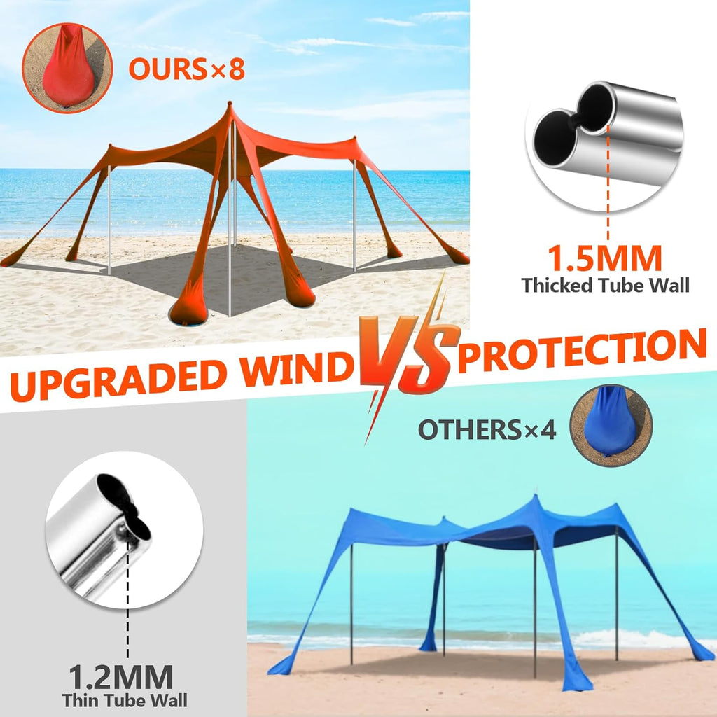 Beach Tent Sun Shelter, 10 x 10 FT Beach Canopy Tent Sun Shade Heavy Duty, UPF50+ Beach Tent Canopy with 8 Sandbags & 4 Stability Poles, Outdoor Beach Shade Canopy for Camping and Fishing, Blue wourant