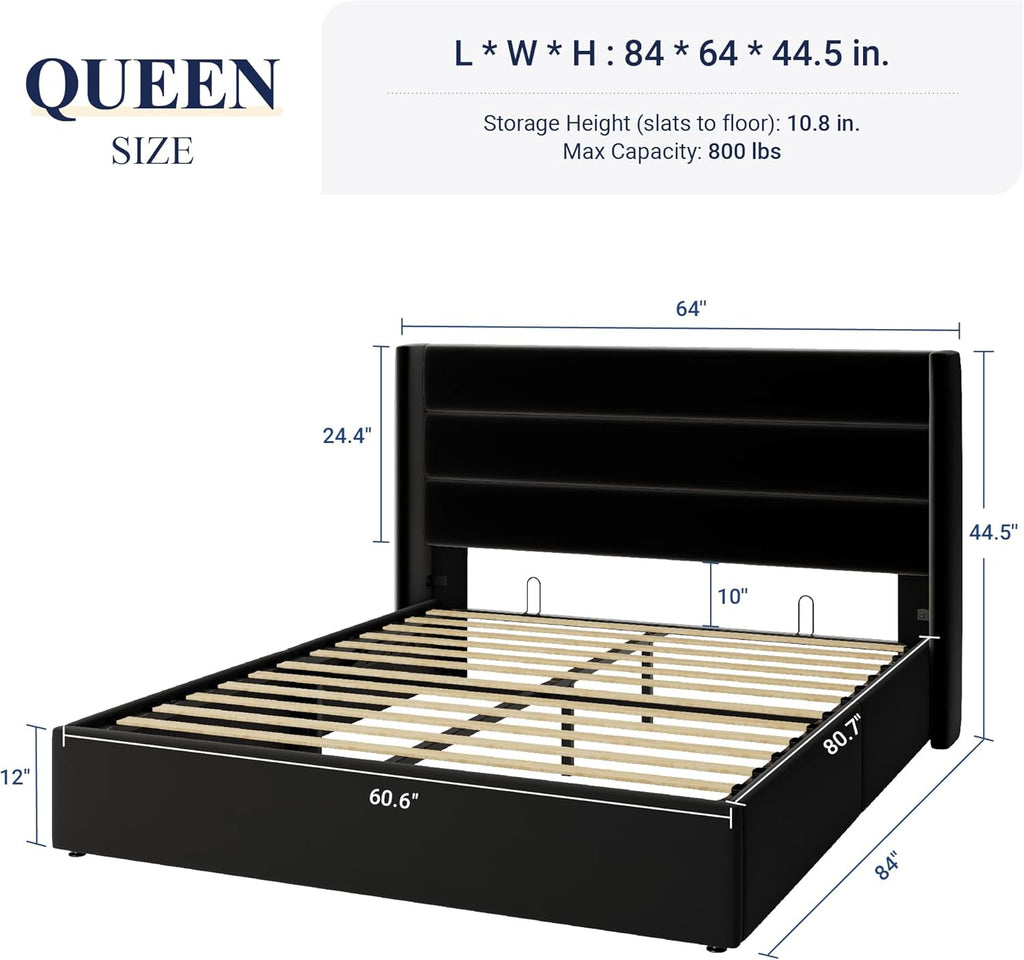 Allewie Queen Size Lift Up Storage Bed Modern Wingback Headboard Hydraulic Support wourant