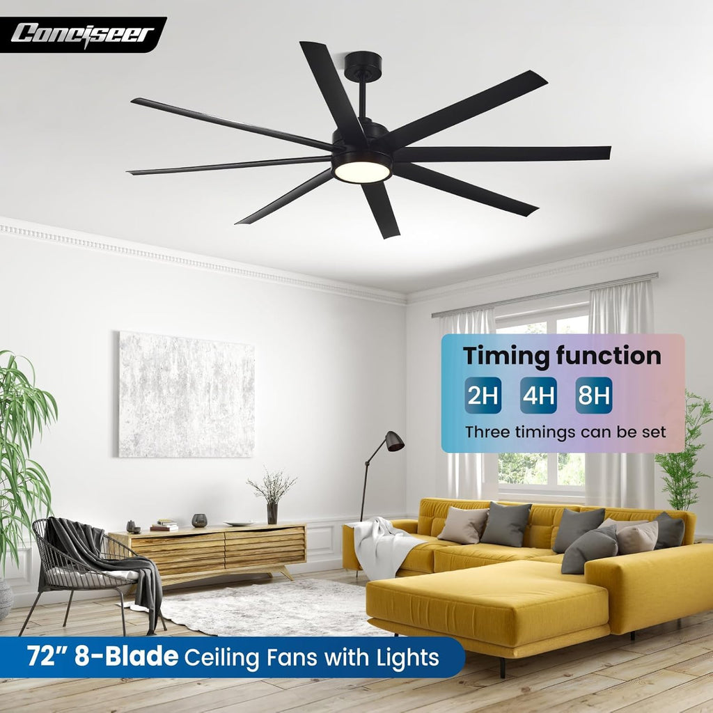 Modern Ceiling Fans with Lights, 72 Inch Ceiling Fan with Light and Remote, Bedroom Living Room Library Cafe Outdoor/Industrial,24W 3CCT Dimmable, 8 Blades 6 Speed Reversible Quiet DC Motor, Black wourant
