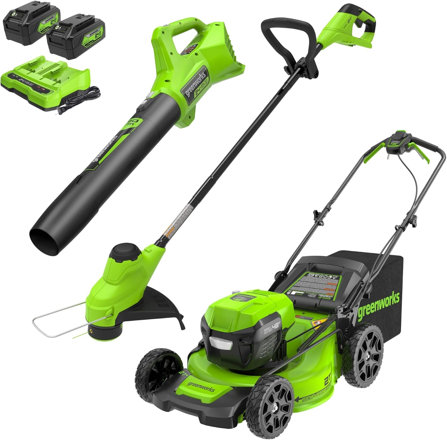 Greenworks 48V (24V x 2) 21" Brushless Self-Propelled Mower+12" String Trimmer+320CFM wourant