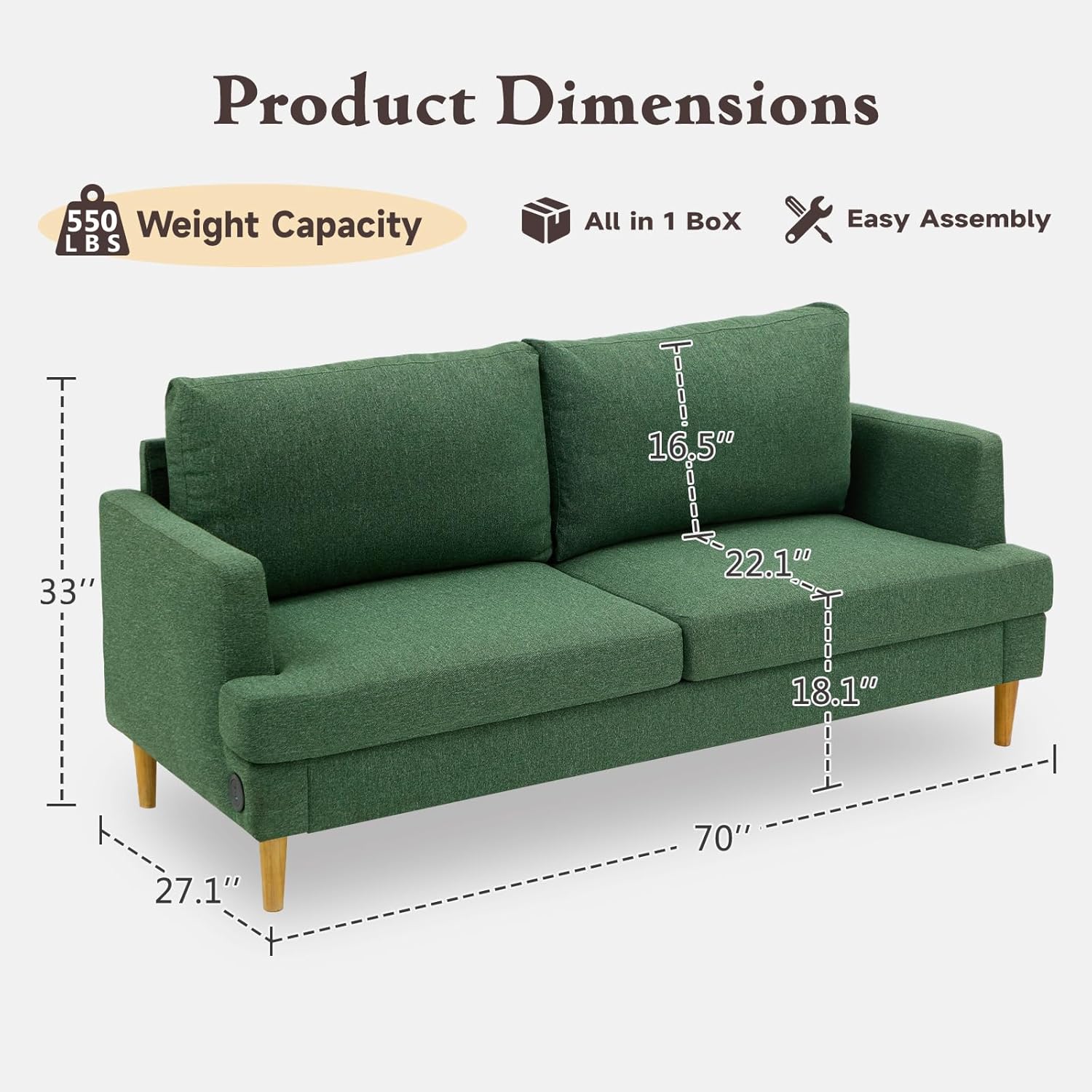 Loveseat Sofa Couch for Living Room USB Type C Ports Dark Gray Upholstered Small Couches wourant