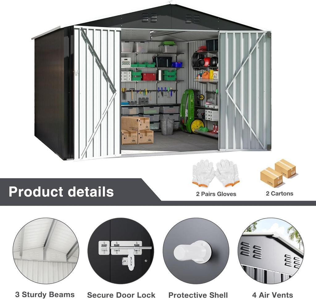 Polar Aurora 8 x 12 FT Outdoor Storage Shed, Metal Garden Shed with Updated Frame Structure, Tool Sheds for Backyard Garden Patio Lawn Black wourant