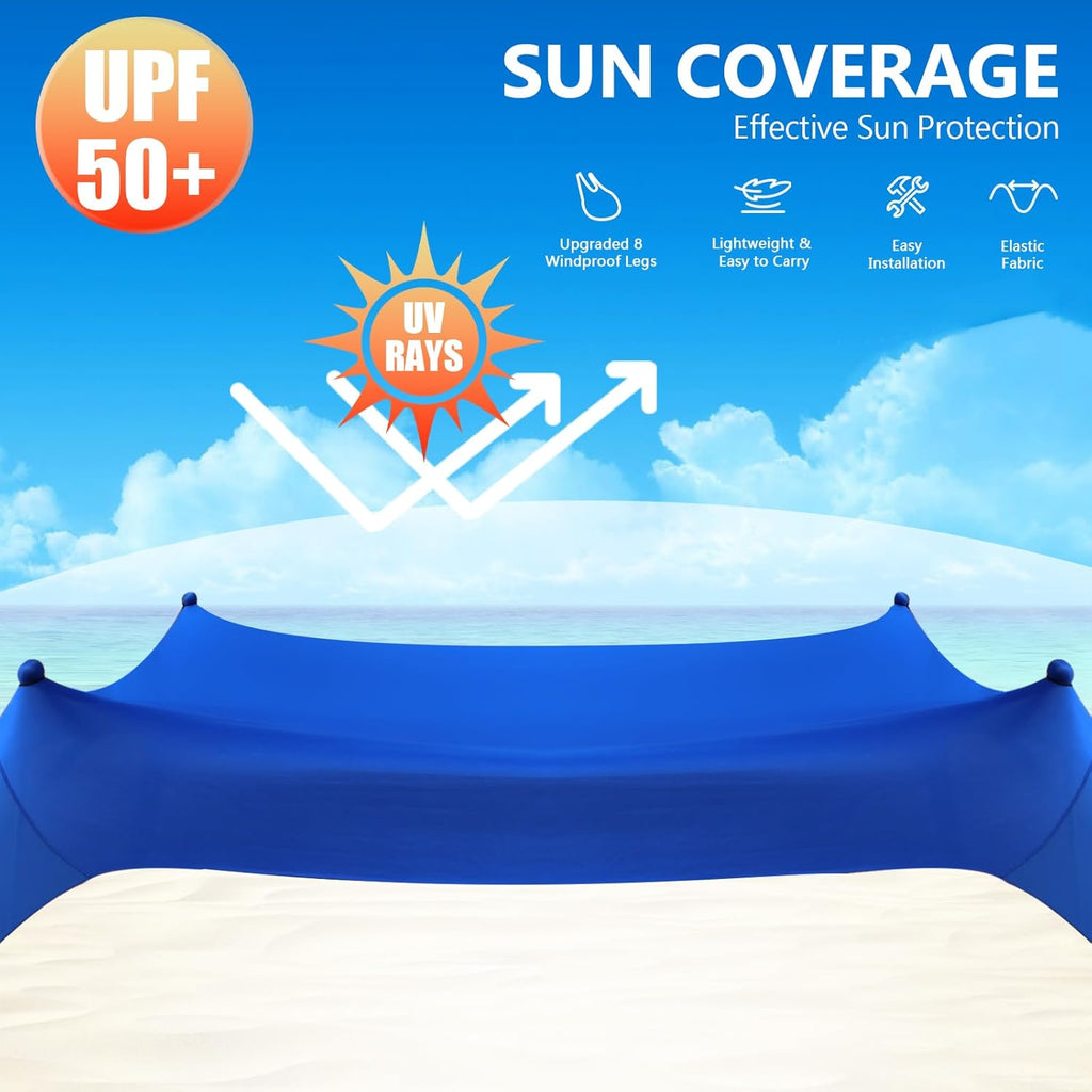 Beach Tent Sun Shelter, 10 x 10 FT Beach Canopy Tent Sun Shade Heavy Duty, UPF50+ Beach Tent Canopy with 8 Sandbags & 4 Stability Poles, Outdoor Beach Shade Canopy for Camping and Fishing, Blue wourant