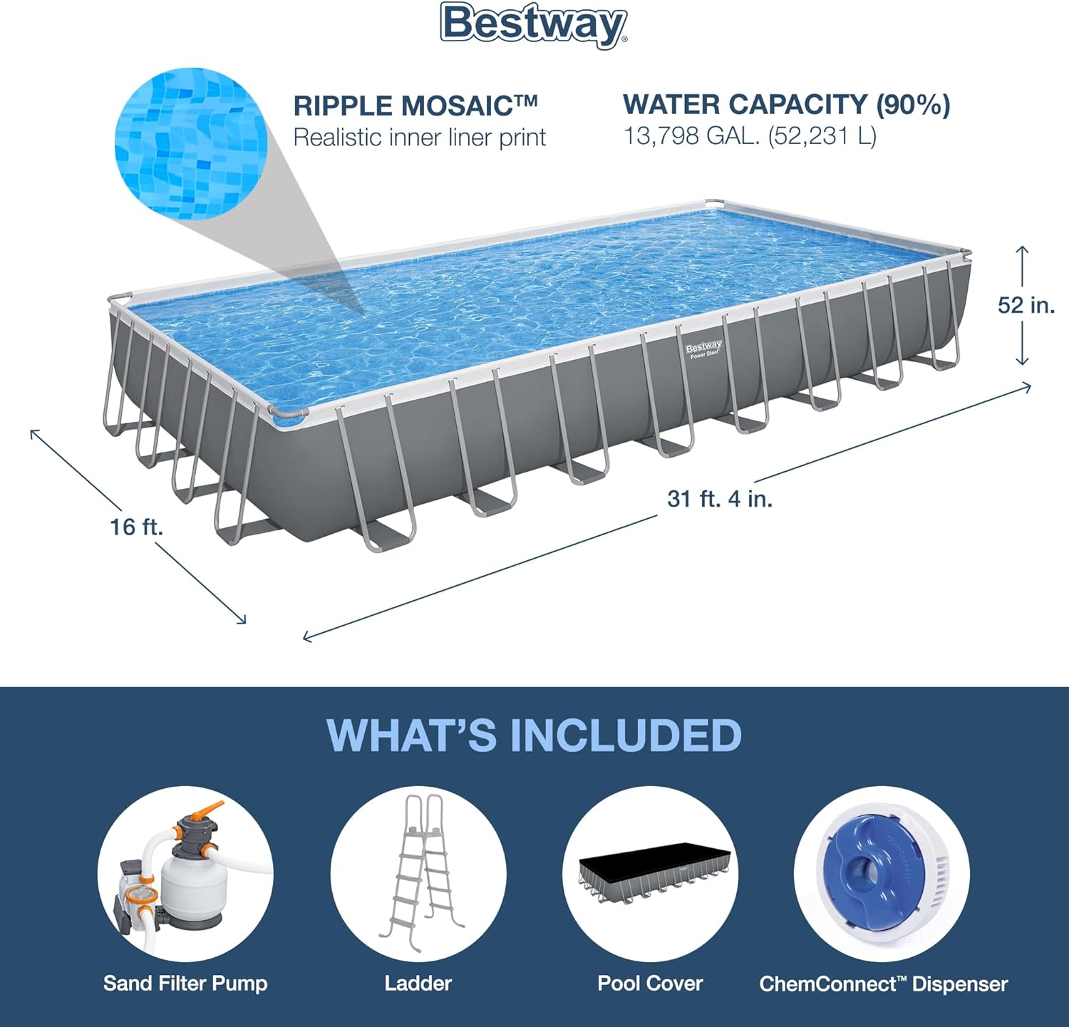 Power Steel 14' x 8'2" x 39.5" Oval Above Ground Pool Set | Includes 530gal Filter Pump, Ladder, ChemConnect Dispener wourant