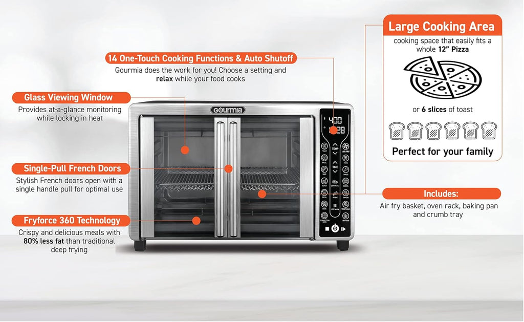 Gourmia Oven Air Fryer Combo with 17 Cooking Presets, 24L Capacity, Convection Rack, Baking Tray, Recipe Book GTF7460 wourant