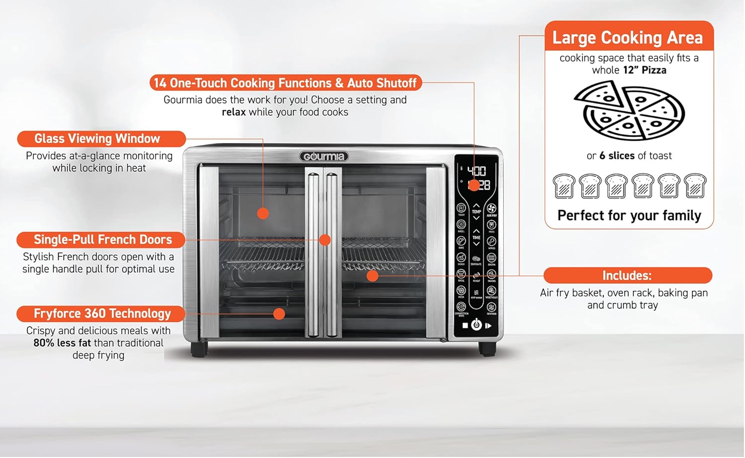 Gourmia Oven Air Fryer Combo with 17 Cooking Presets, 24L Capacity, Convection Rack, Baking Tray, Recipe Book GTF7460 wourant
