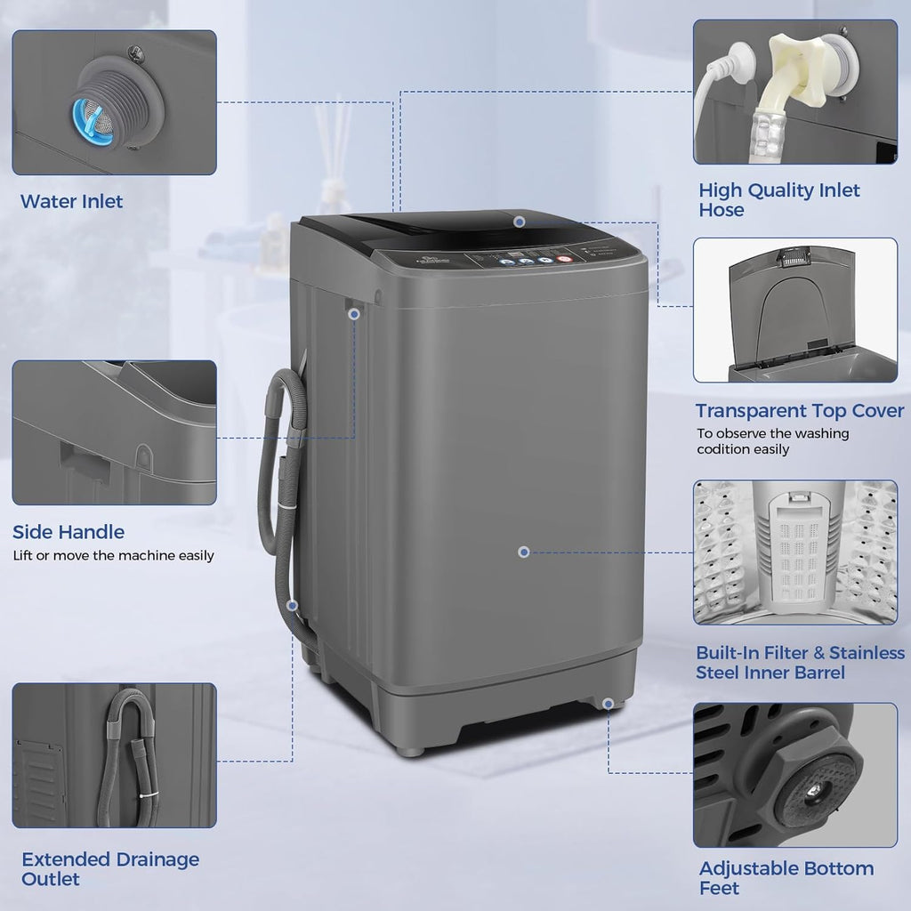 Nictemaw Portable Washing Machine, 20Lbs Capacity Full-Automatic Portable Washer Machine, 2.8Cu.ft Washer and Dryer Combo with Drain Pump, 10 Programs & 8 Water Levels for Apartment, Dorms, RV wourant
